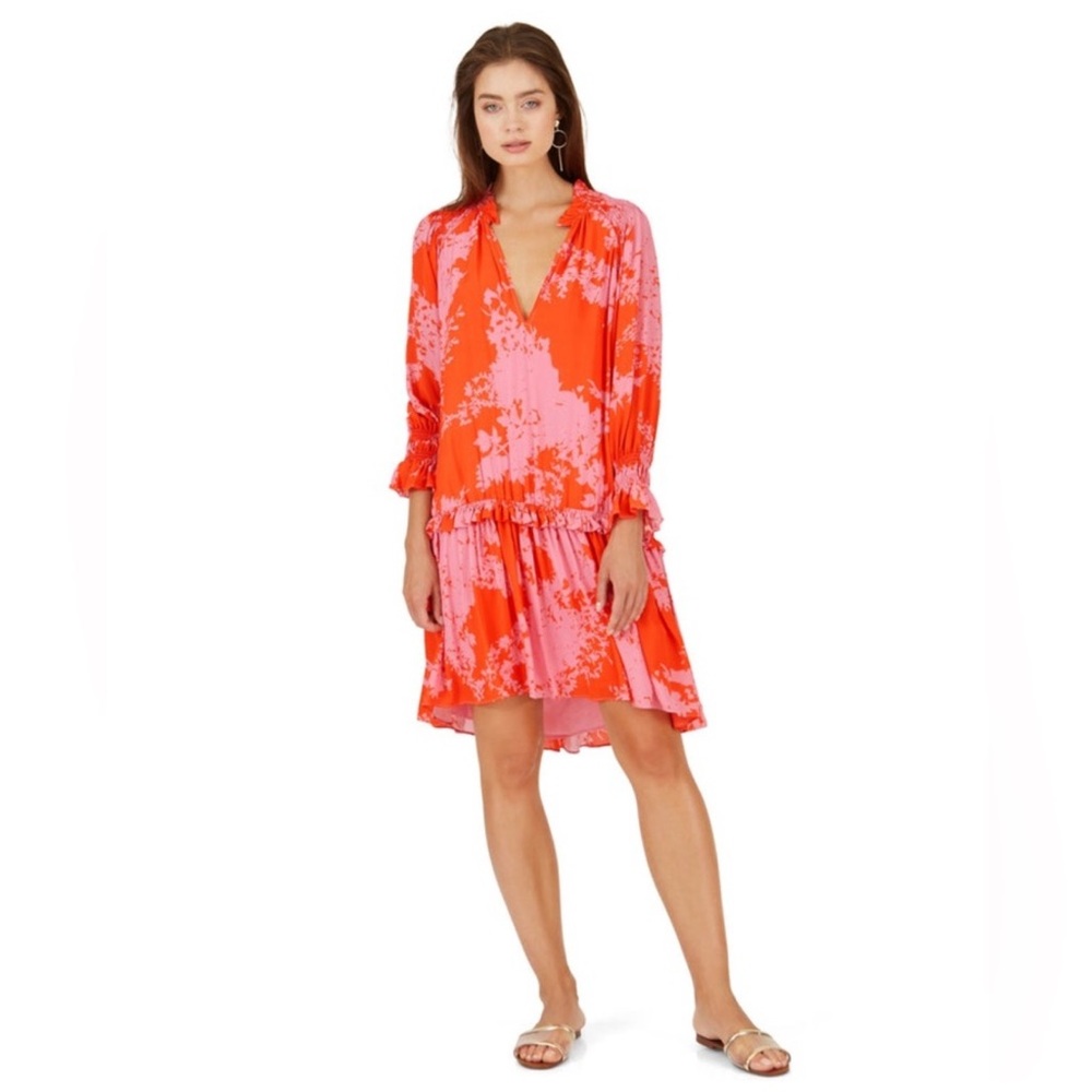 Caballero Fae Coral Pink Floral Dress Smocked Drop Waist Size L